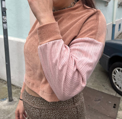 Pull velours rose bi-matière